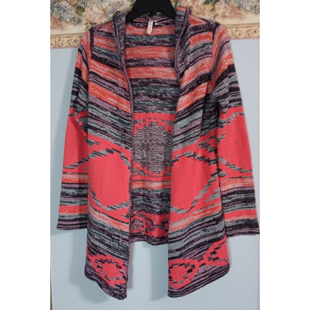 Red Camel Medium Colorful Hood Aztek Boho Outdoor Comfy Knit Cardigan Sweater